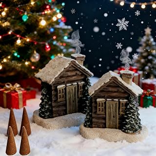 Log Cabin Snowy Winter Incense Cone Burner, Log Cabin Incense Burner with Smoking Chimney, Back Flowing Diffuser for Home Decor, Resin Christmas Decorations (2pcs)