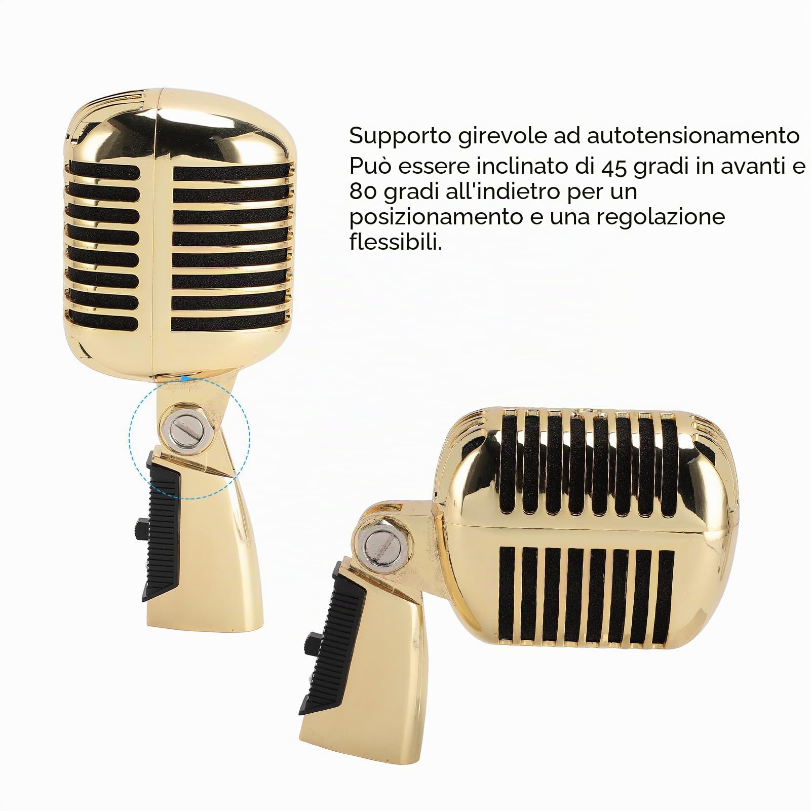 Microfono Vintage, Microfono Professionale per Canto, Microfono per Voce Dinamico retrò con Cremagliera Rotante Autotensionante in Lega di Zinco (GOLD)