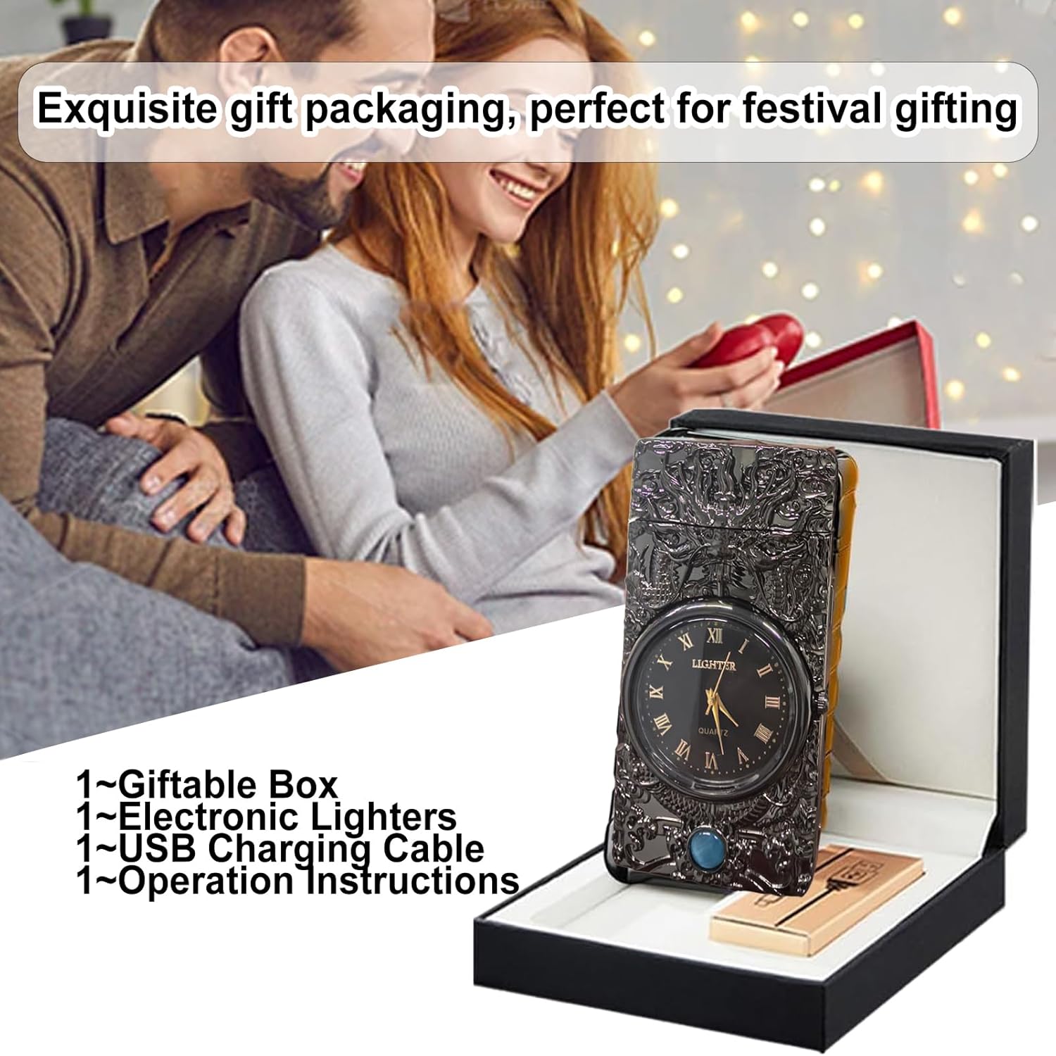 Electric Lighter with Clock Dial LED Power Display Plasma Dragon Lighters Windproof USB Rechargeable Lighter Cool Lighte Gifts for Men Women （Dragon -Black