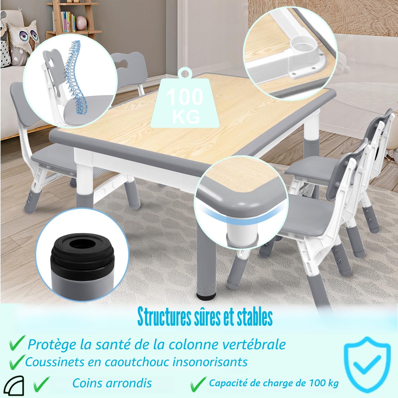 ACXIN Table pour enfants avec ensemble de 4 chaises, ensemble de table pour enfants en plastique, hauteur réglable, ensemble de meubles pour enfants table et chaises pour chambre d'enfant, crèche et