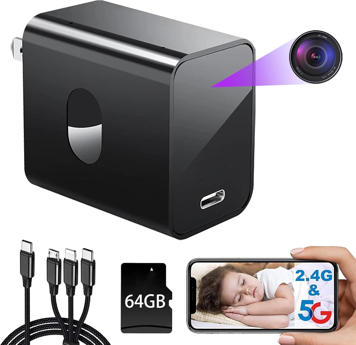 4K Spy Camera Hidden Camera with SD Card (64G), 2.4G/5G
