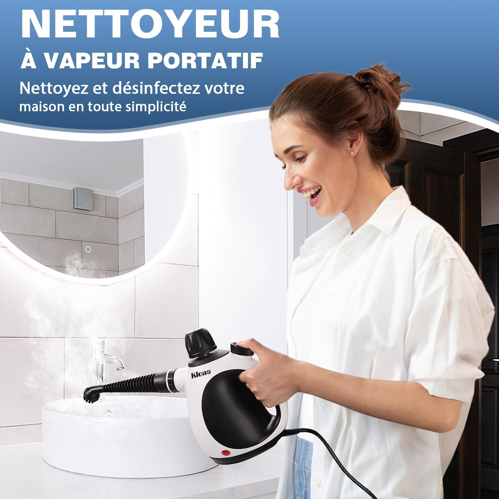 KLONA Nettoyeur Vapeur Portable, 1050W, Nettoyage Haute Température | pour Tapis, Rideaux, Canapés, Cuisine, Salle de Bain | Sans Chimie | Serrure de Sécurité | avec 10 Accessoires