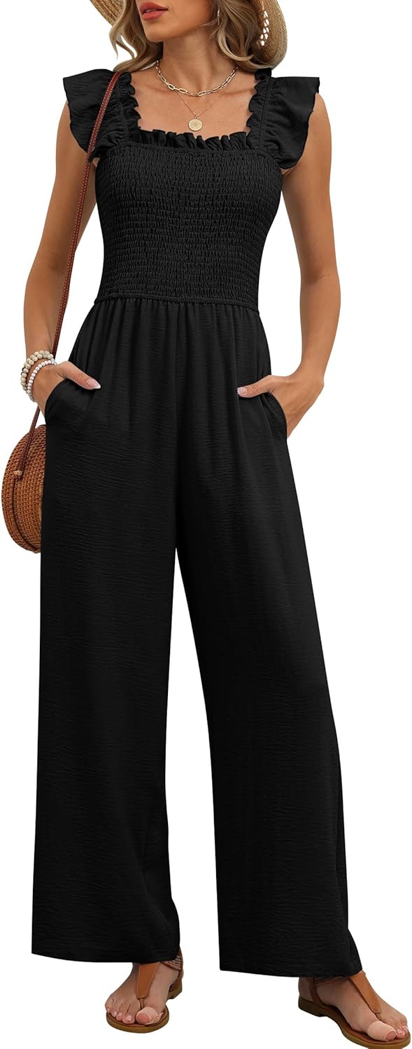 Caracilia Jumpsuits for Women Dressy Casual Smocked Ruffle Cap Sleeve Rompers 2026 One Piece Summer Outfits with Pockets