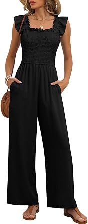 Caracilia Jumpsuits for Women Dressy Casual Smocked Ruffle Cap Sleeve Rompers 2026 One Piece Summer Outfits with Pockets