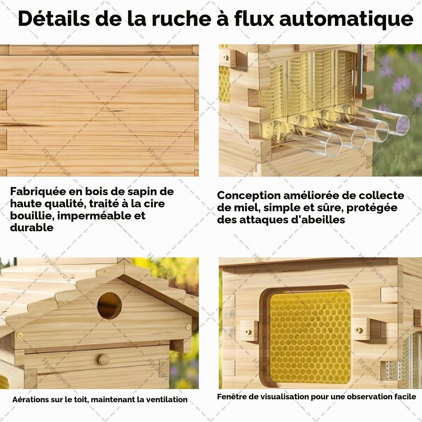 Kit de démarrage pour Ruche, Ruche à Miel Auto-fluxée avec fenêtre d'observation et Bec verseur, incluant Un abri pour Abeilles charpentières, pour Les pollinisateurs de Jardin