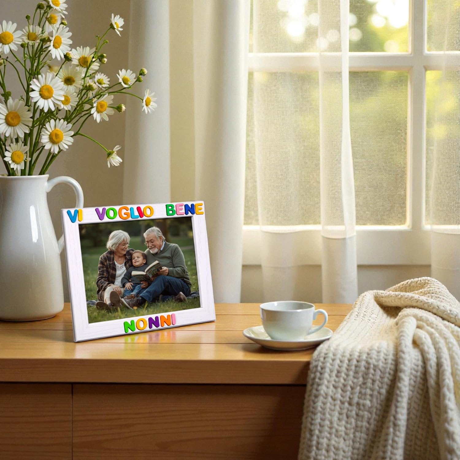 Regalo Nonni - Cornice Foto 13x18 Bianca in Legno con Scritta Vi Voglio Bene Nonni - Idea Regalo Nipote per Nonno e Nonna - Portafoto da Appoggiare o Appendere