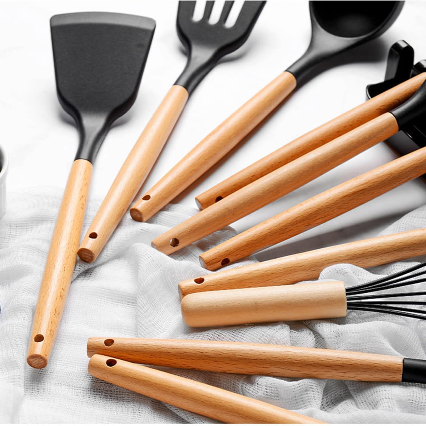Juego de utensilios de cocina de silicona morada, 13 herramientas de cocina con mango de madera, soporte para utensilios y tapa de olla, espátula de silicona antiadherente, pinzas, batidor.