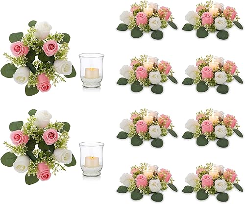 NUPTIO Candelabros para velas de té 2 portavelas votivas transparentes con coronas de flores artificiales de 8.66 pulgadas, color champán y blanco,