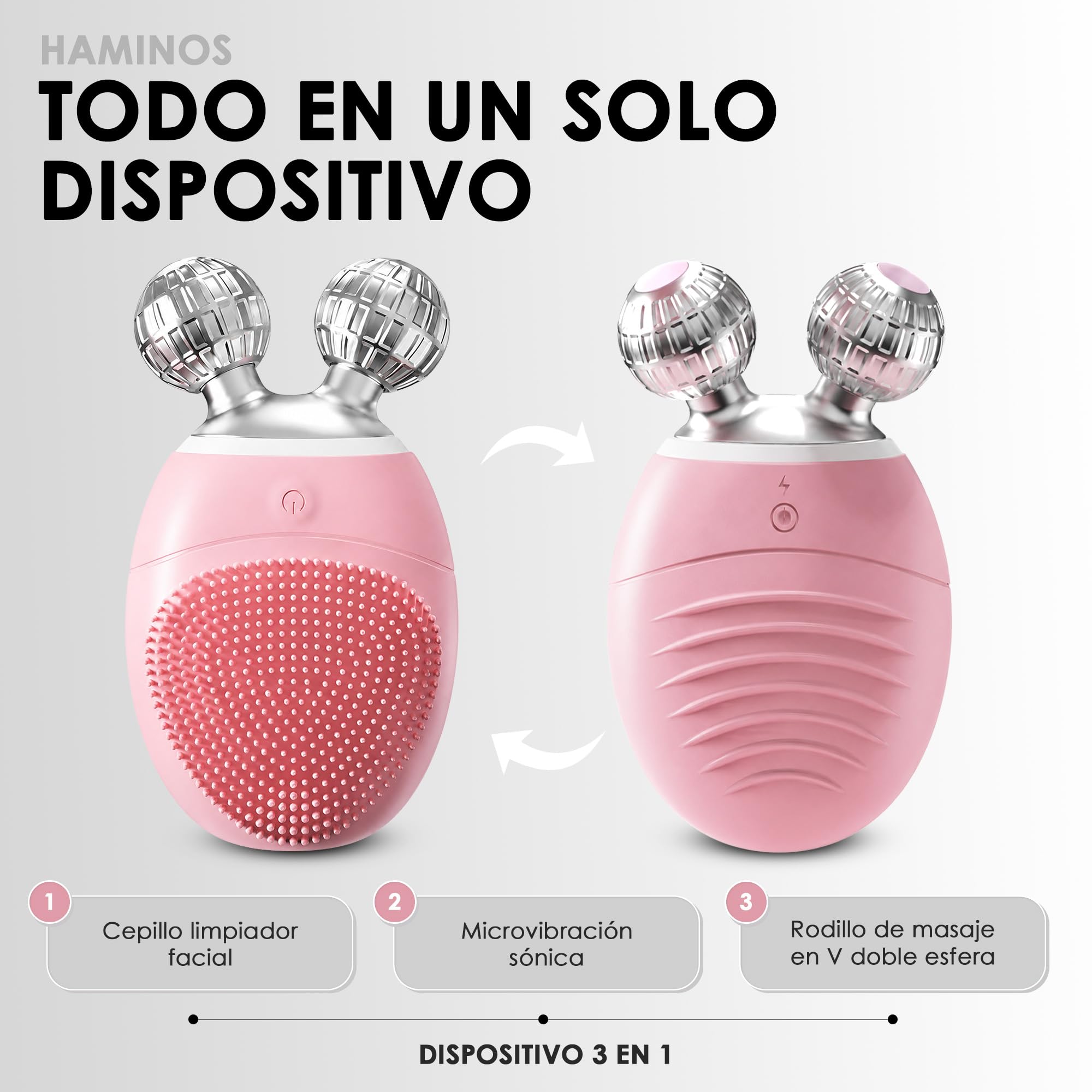 HAMINOS Cepillo Limpiador Facial Eléctrico 3 en 1, Masajeador Facial de Silicona con V-Roller, 5 Modos Sónicos, Impermeable Recargable, para Limpieza Facial, Lifting y Cuidado de la Piel