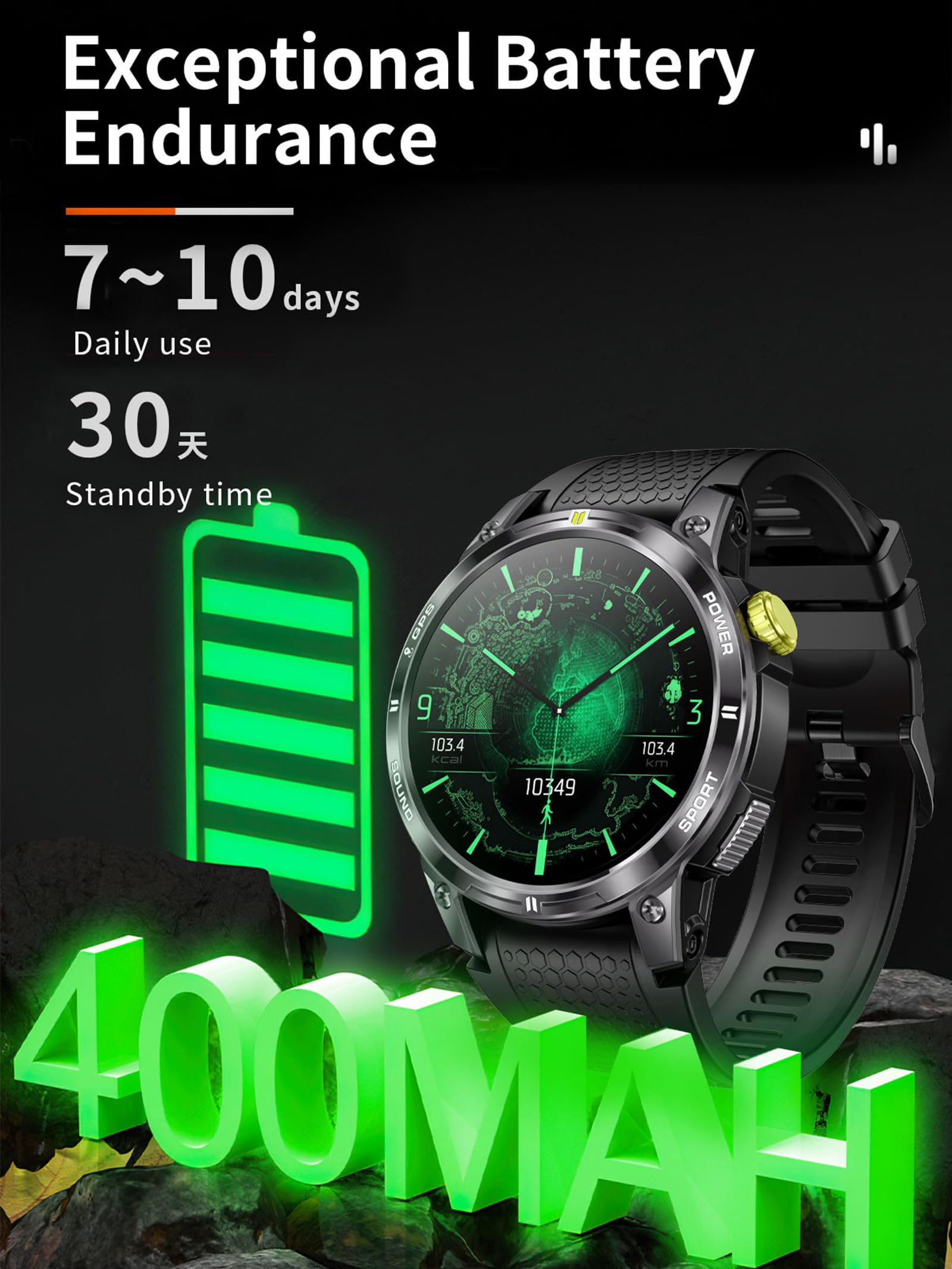 Montre connectée GPS pour homme et femme - Montre intelligente avec fonction téléphone - Podomètre - Montre militaire d'extérieur avec boussole - Montre de sport - Montre de sport - Montre de course