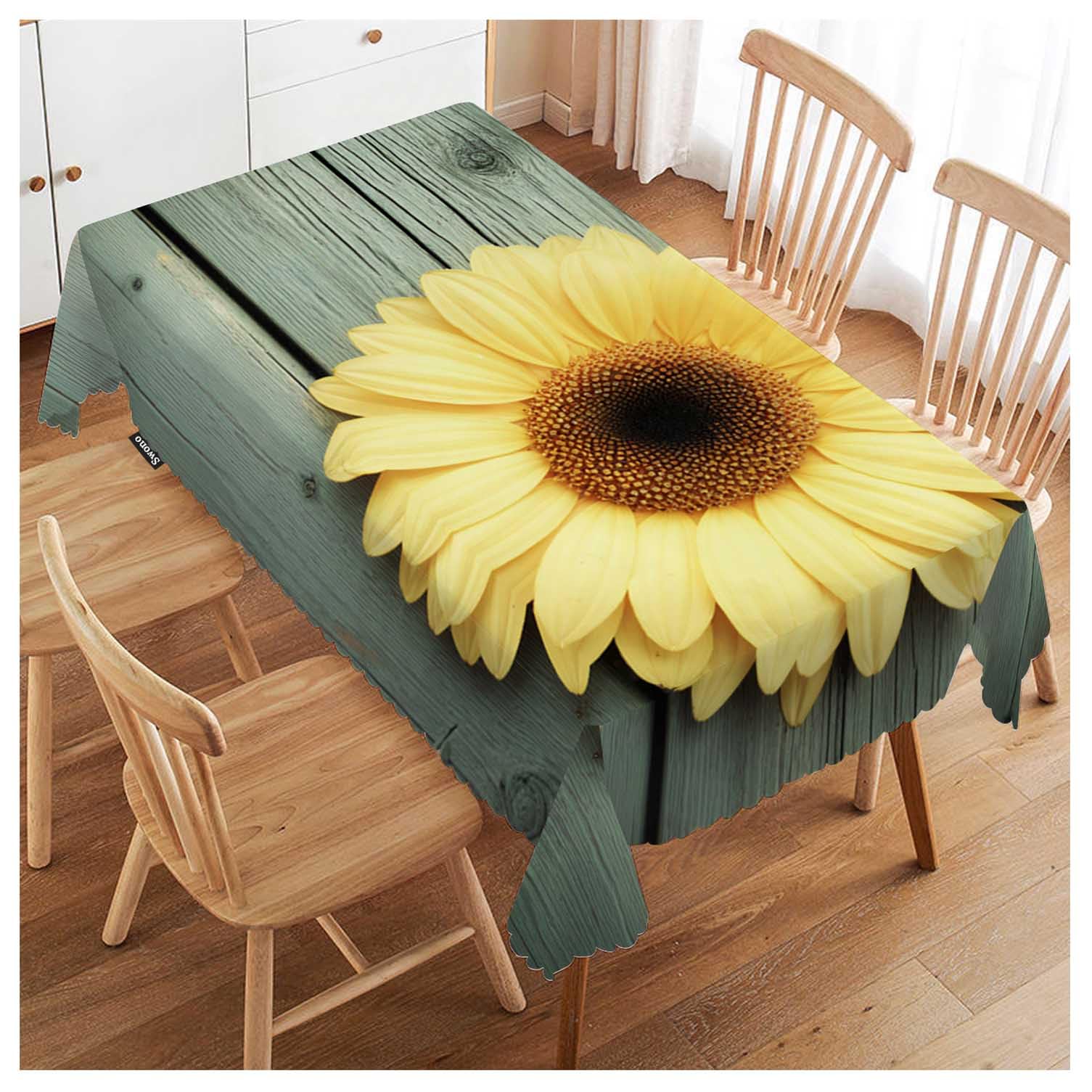 FJQWKLF Sunflower Table Cloth Yellow Sunflowers Old Wood Board Rectangle Tablecloth Picnic Table Cover BBQ Table Cloths Polyester for Kitchen Home Coffee Restaurant 50x72 Inch