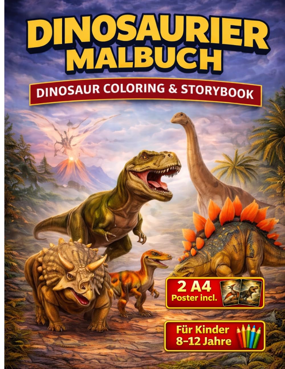 Dinosaurier Malbuch: Malbuch für Kinder 8–12 Jahre mit spannenden Dinosauriern, Dino-Geschichten und großen Ausmalbildern