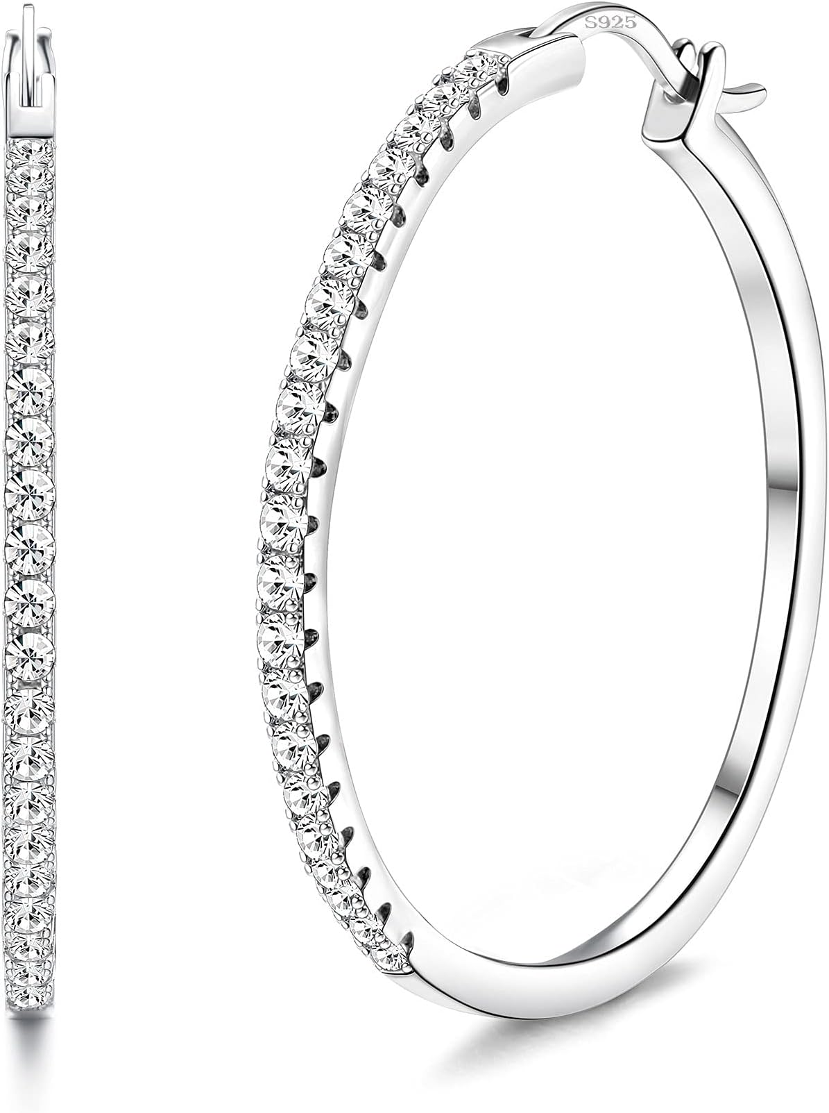 JeweBellaSilver Hoop Earrings for Women 925 Sterling Silver Post Big Hoop Earrings with 5 A+ Cubic Zirconia Lightweight Hypoallergenic Round Circle Hoop Earrings 40mm/50mm/60mm