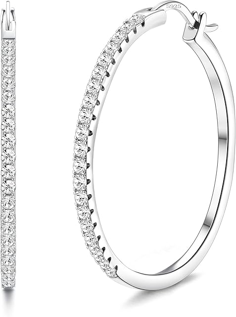 JeweBella Silver Hoop Earrings for Women 925 Sterling Silver Post Big Hoop Earrings with 5 A+ Cubic Zirconia Lightweight Hypoallergenic Round Circle Hoop Earrings 40mm/50mm/60mm