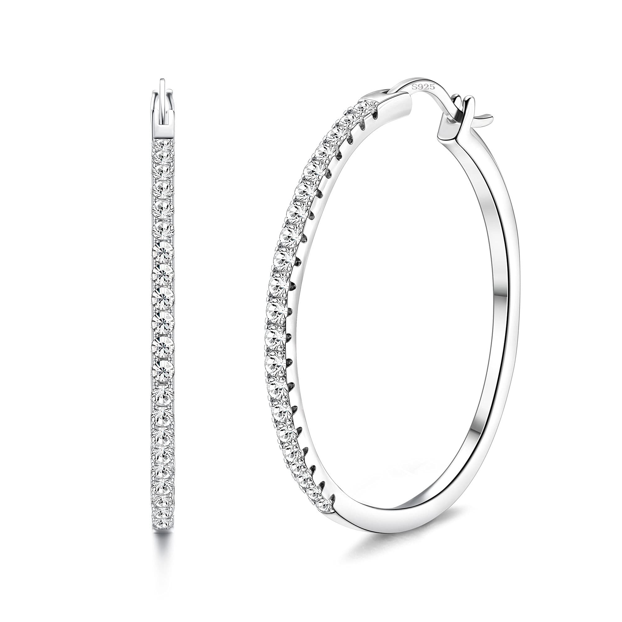 JeweBellaSilver Hoop Earrings for Women 925 Sterling Silver Post Big Hoop Earrings with 5 A+ Cubic Zirconia Lightweight Hypoallergenic Round Circle Hoop Earrings 40mm/50mm/60mm