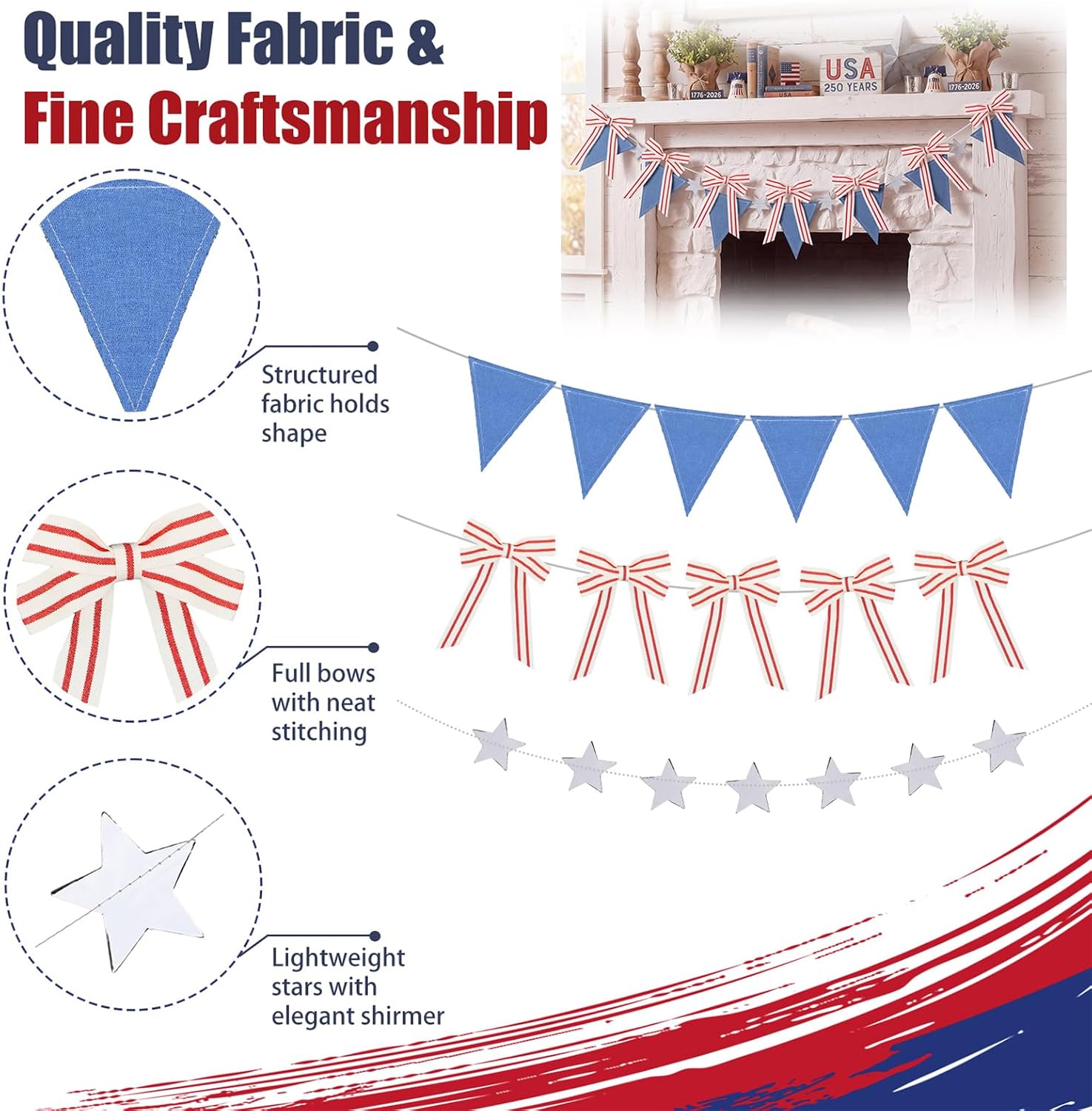 3 Pcs 4th of July Patriotic Banner Decor 59 Inch 250th Anniversary Red White Blue Striped Bow Triangle Star Banner Bunting Garland for USA American Independence Memorial Day Party Supplies