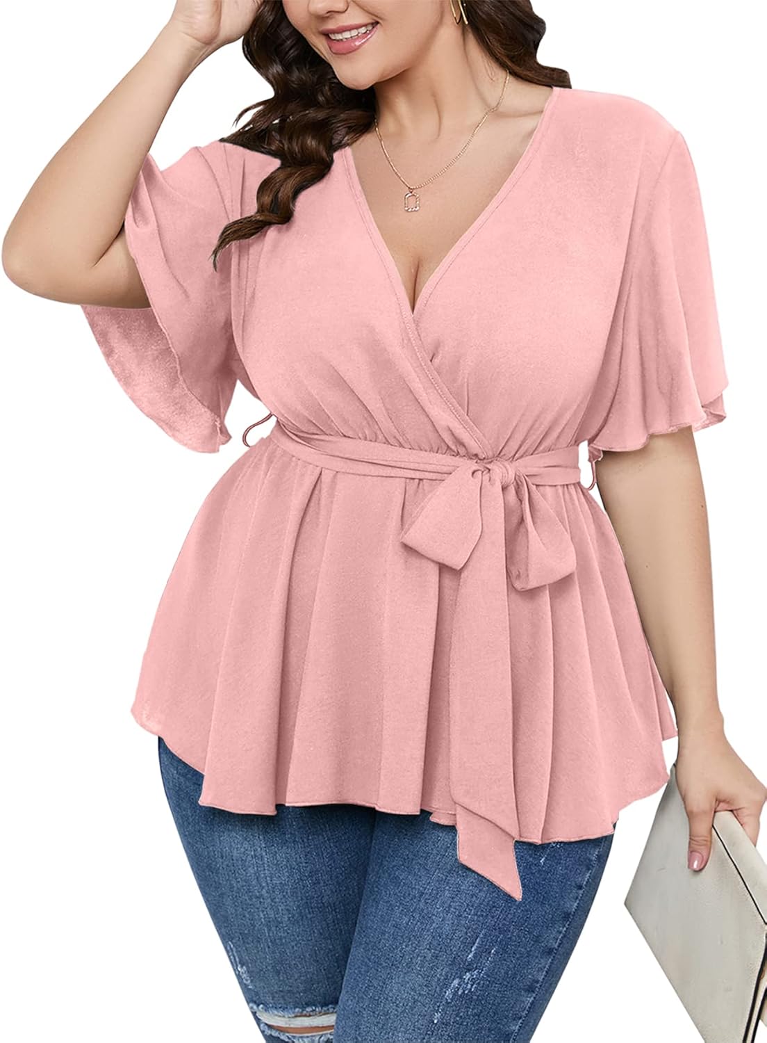 SCOMCHIC Women's Plus Size Short Sleeve V Neck Wrap Belted Ruffle Peplum Blouse Tops