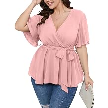 SCOMCHIC Womens Plus Size Short Sleeve V Neck Wrap Belted Ruffle Peplum Blouse Tops