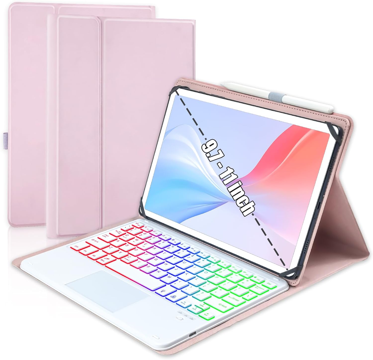 Universal Touchpad Keyboard Case for 9.7,10.1,10.2",10.5",10.9",11" Tablet, Rainbow Backlight TrackPad Keyboard with Type-C Charging Port fit 9.7-11 inch Android/iOS/Windows (Pink)