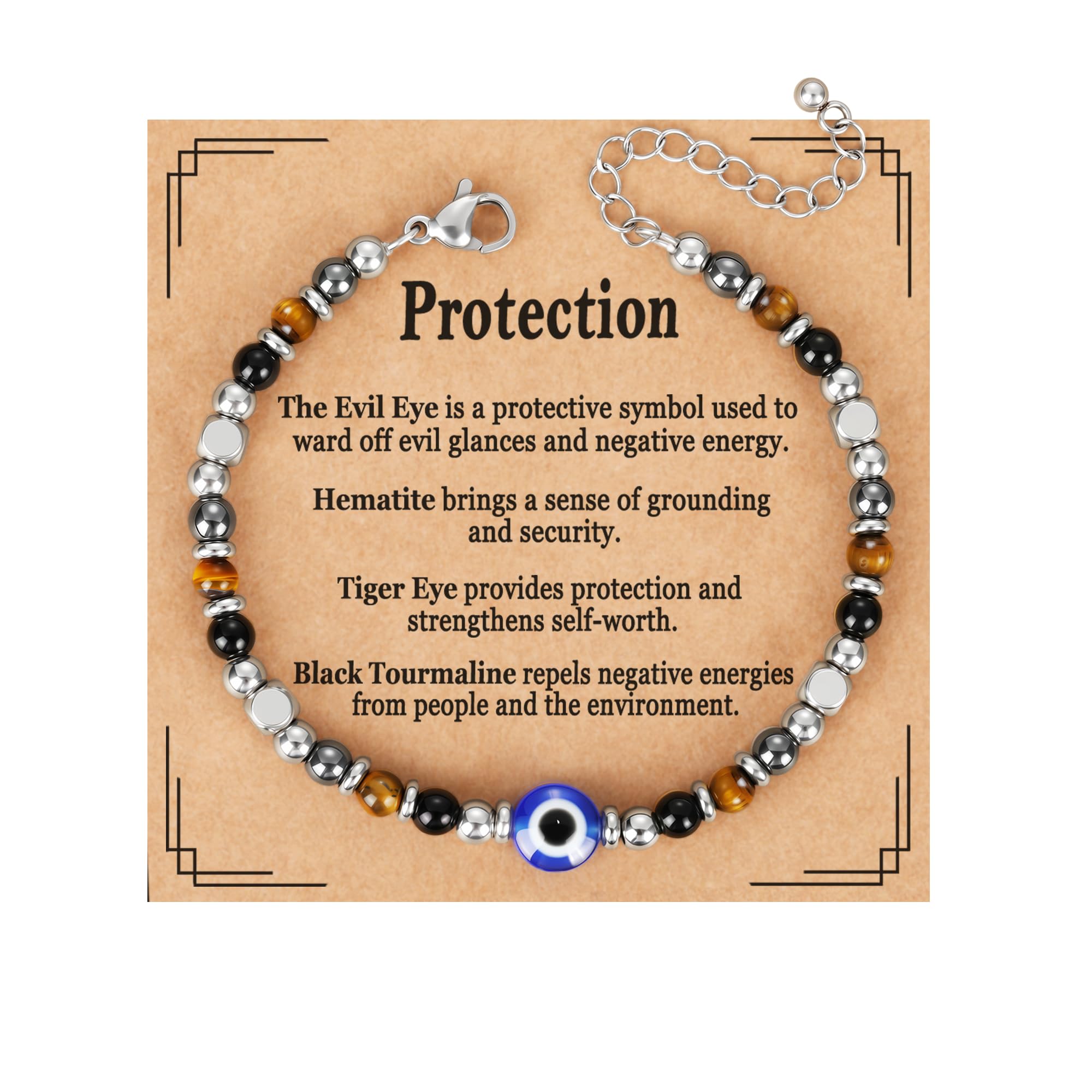 Natural Healing Crystal Bracelet for Women, Triple Protection Anxiety Relief New Beginnings Good Luck Empath Protection Jewelry Gift for Friends Daughter Mom 6.5+1.8 Inches