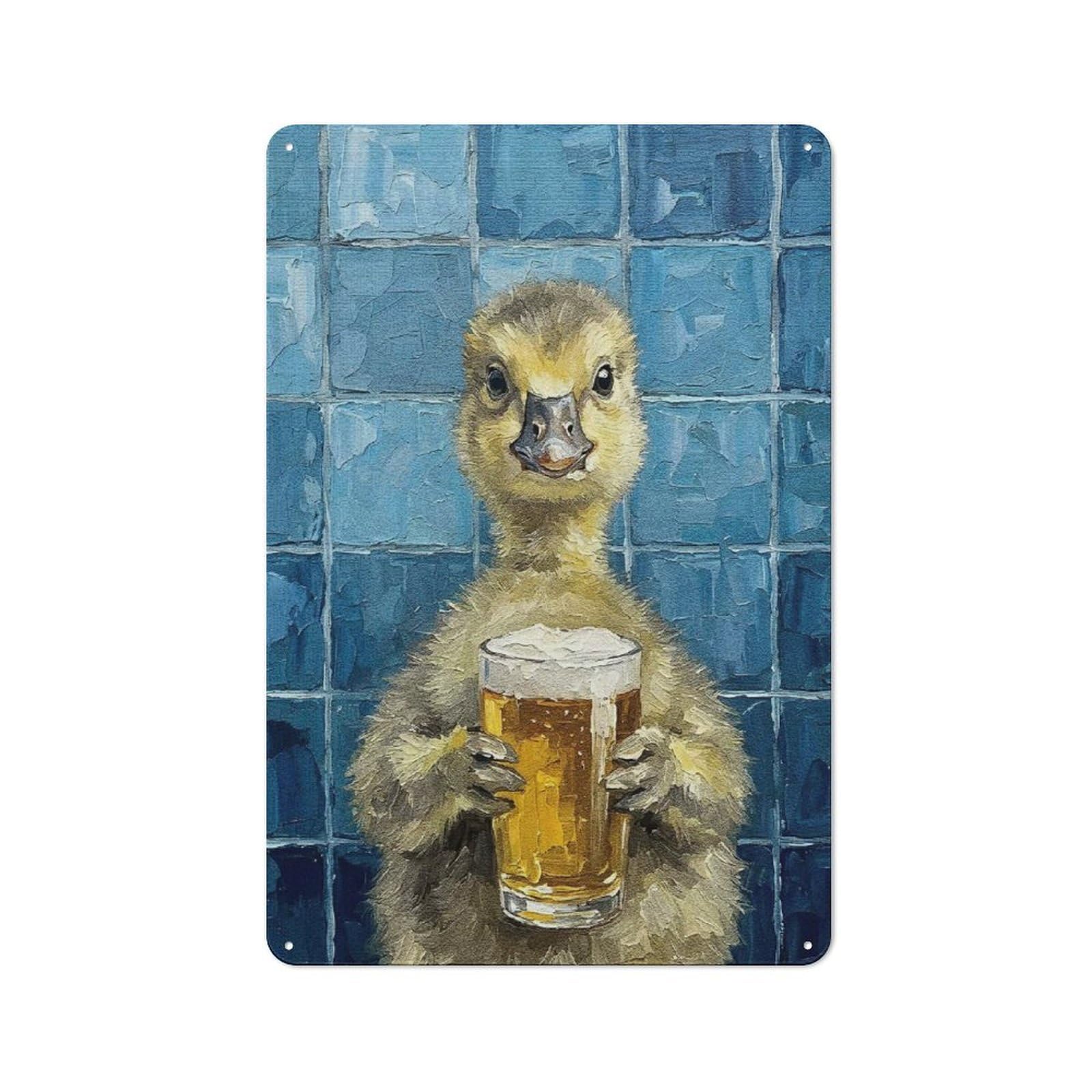 Junmoney Style-10 Workshop Style Duckling With Beer Painting Tin Sign 30X20cm, Garage Wall Decor For Tool Room, Garage, Studio Or Home Bar