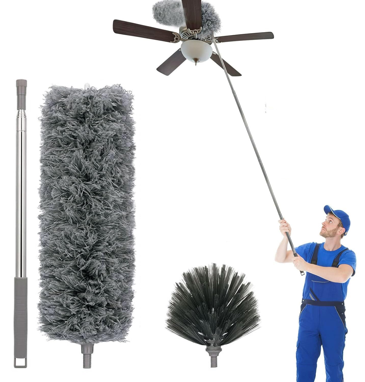 Hallstatt Upgraded 2 In 1 Microfiber Feather Duster Bendable & Extendable Fan Cleaning With 100 Inches Expandable Pole Long Handle Washable For High Ceiling Cobweb, Window Blinds, Furniture