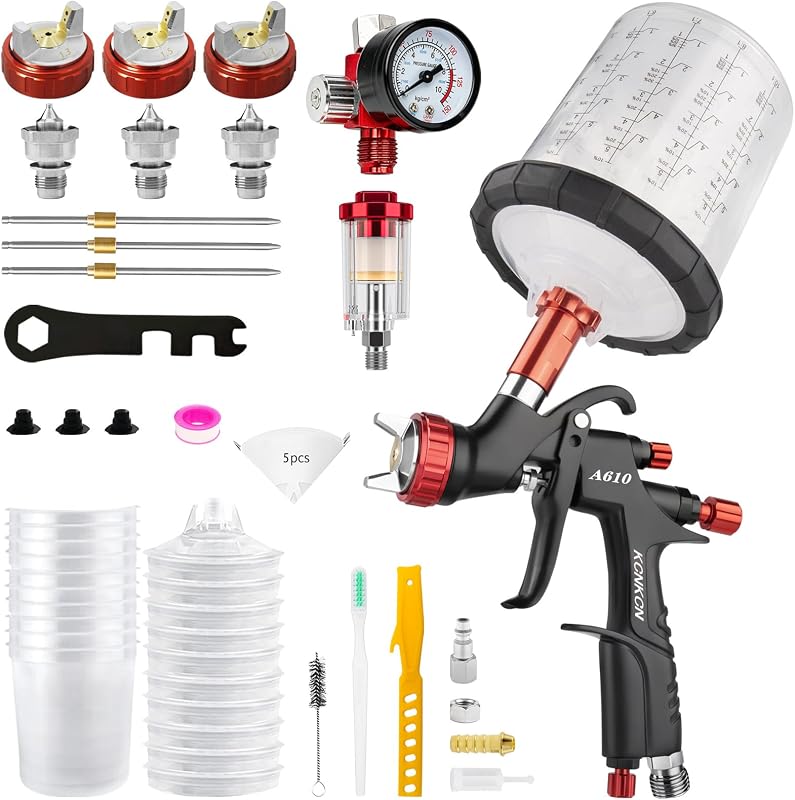 Pistola pulverizadora R500 LVLP Pistolas de pintura para automóviles con 10 vasos desechables de 22 oz | Pistola de aire automotriz A610, pulverizador de pintura para autos, boquillas de 1,3mm/1,5mm/1,7mm, capa base, capa transparente, pintura de muebles