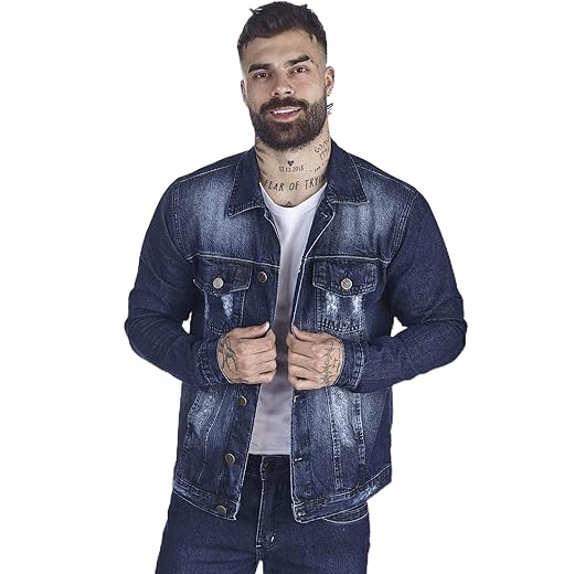 Jaqueta Jeans HNO Jeans Premium Leve Destroyed Used Azul