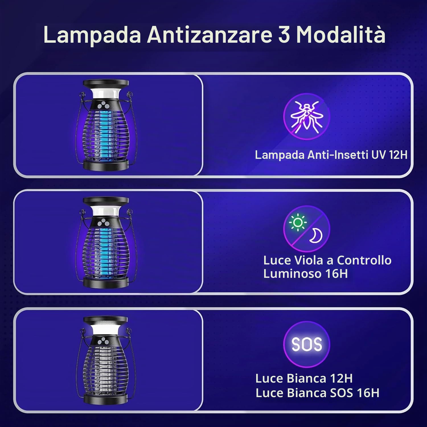 Lampada Antizanzare Elettrica Solare, 4200V UV Zanzariera, Ricarica Solare e USB, IP66, Ammazza Zanzare Elettrico per Interni, Cortile, Patio, Giardino, Campeggio (Viola)