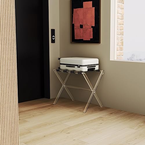 Miniatura 9 de Sumerflos Portaequipajes de acrílico para habitación de invitados, soporte plegable transparente para maleta con correas de cuero para dormitorio,