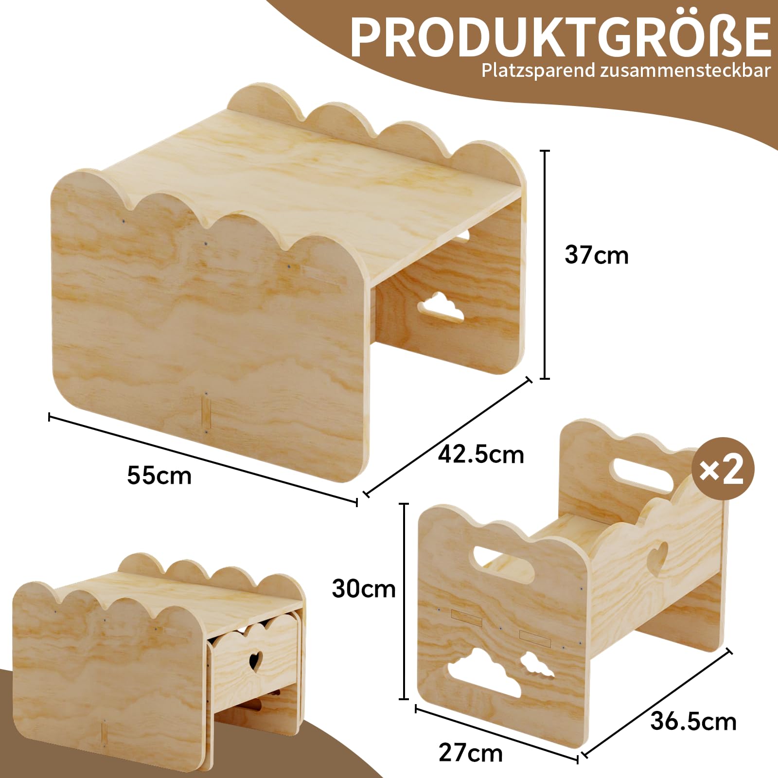 Kindertisch-Set mit 2 Stühlen aus Holz – Montessori-Tisch und -Stühle, Montessori-Möbel, Kindertisch-Stuhl-Set，ideale Montessori-Möbel für Mahlzeiten, Lernen und Spielen