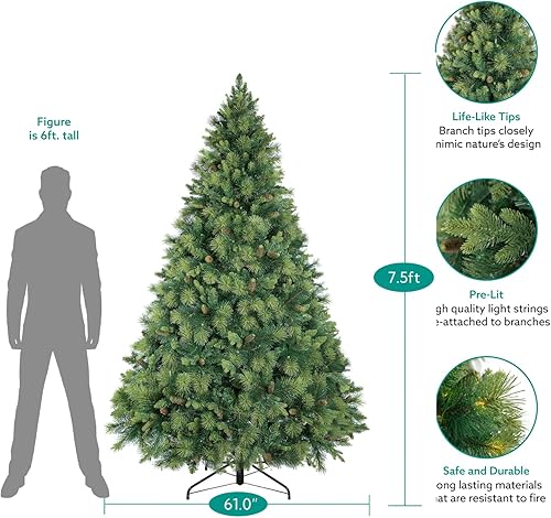 Miniatura 5 de Vail - Árbol de Navidad artificial preiluminado de 7.5 pies con conos de pino, 1556 puntas de rama, 750 luces cálidas y soporte de metal, árbol de