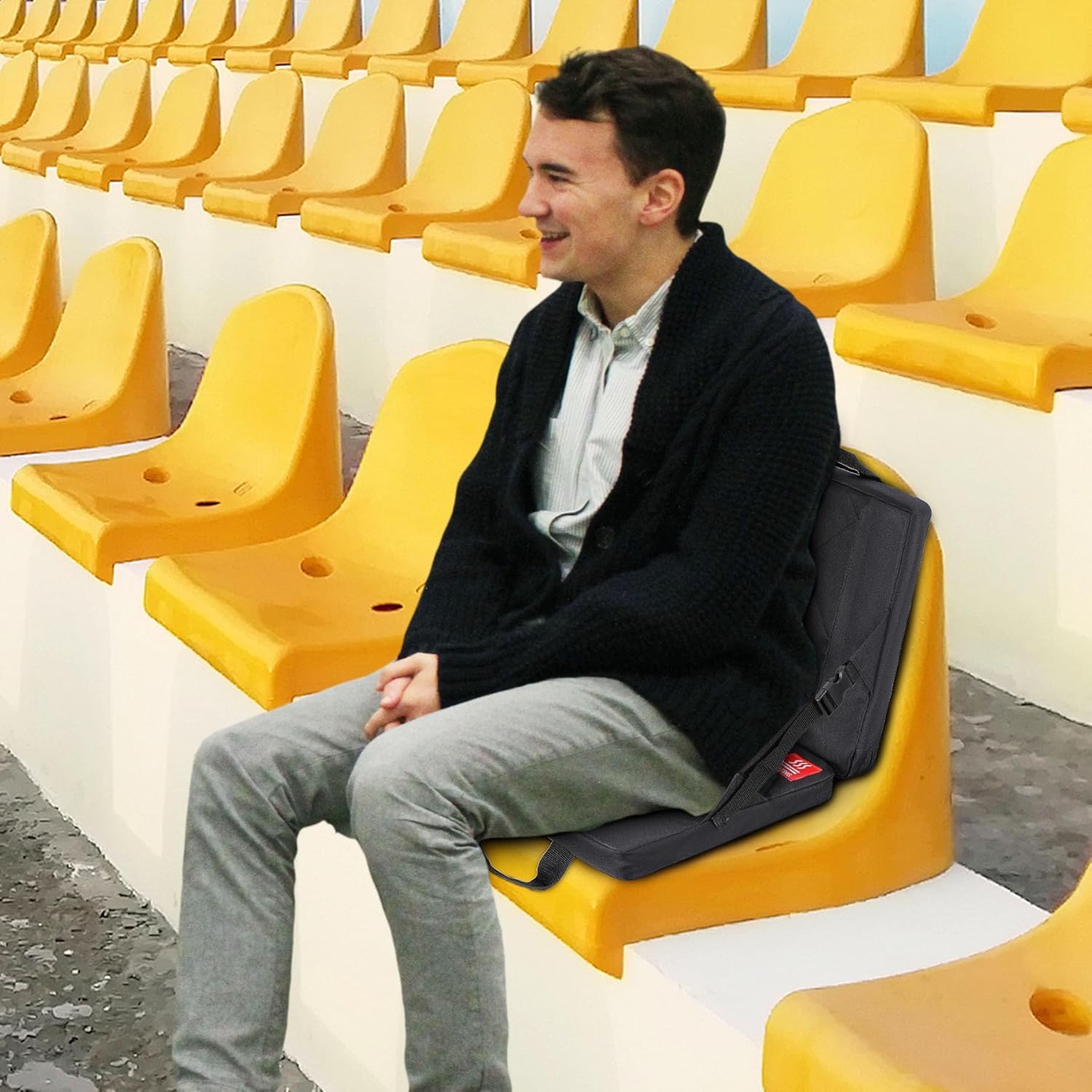 Cojín de asiento térmico con soporte trasero, asiento de estadio con calefacción USB para gradas, almohadilla plegable de calefacción de 3 niveles para caza, camping y oficina (sin banco de