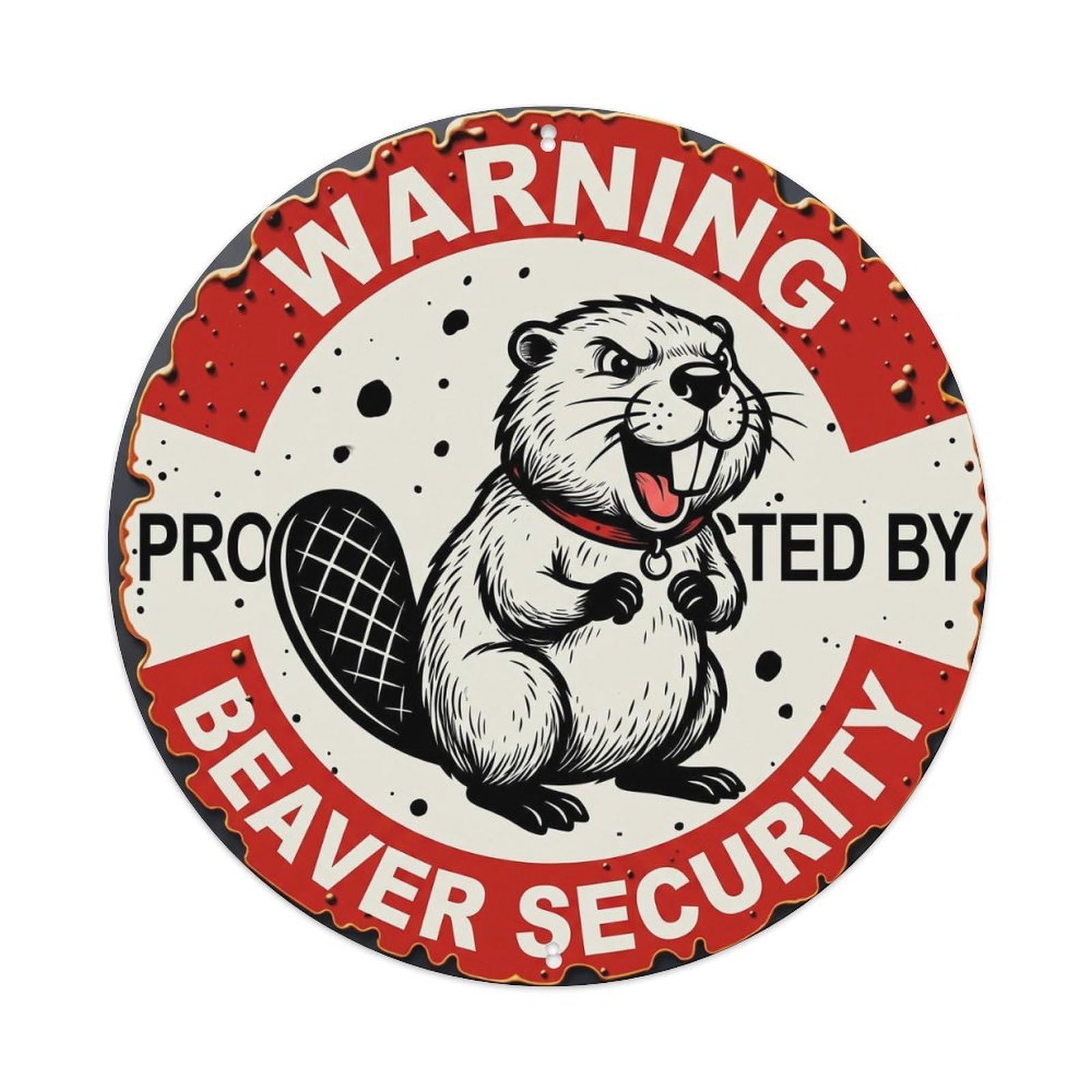 Metal Tin Sign Warning Protected By Beaver Security Vintage