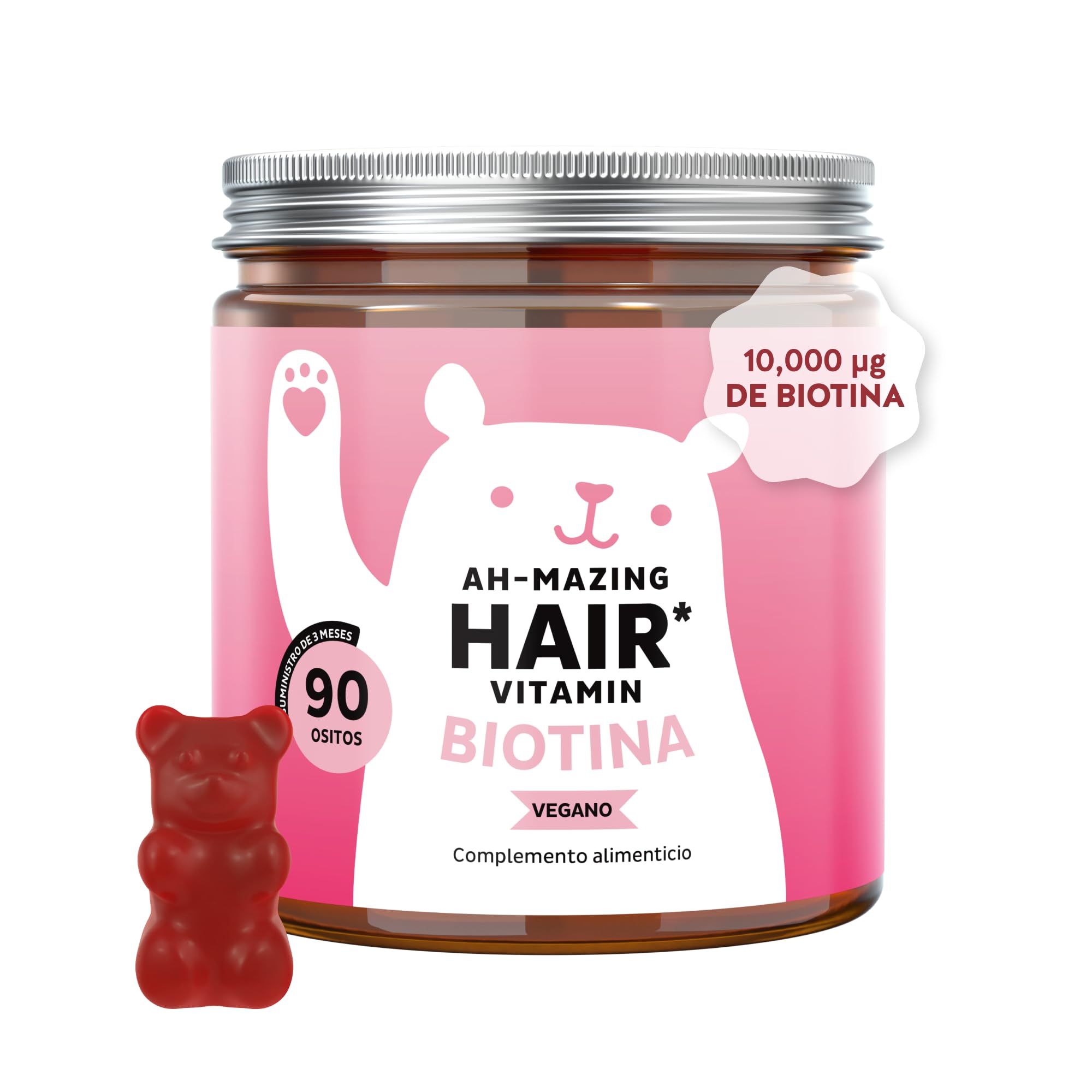 Gominolas Biotina Ah-mazing Hair Vitamin – Para el cabello, uñas y piel - 10.000 µg de Biotina, Zinc, Vitaminas B6, C, E e Yodo – 90 Unidades (3 meses), Vegana - Bears with Benefits
