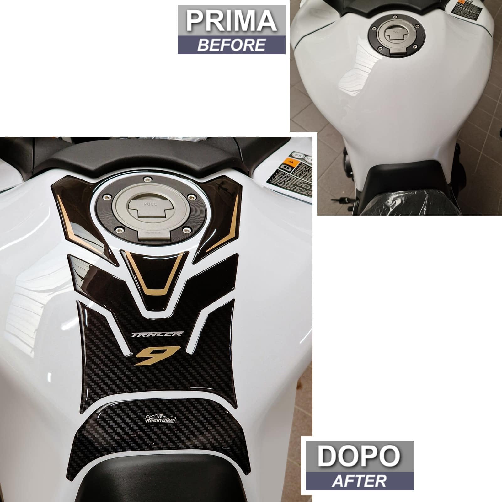 Resin Bike Adhesivos de Moto Compatibles con Yamaha Tracer 9-9 GT 2021-2026 Dorado. Protección del Tanque de Choques y Arañazos de Moto. Adhesivo 3D Resinado - Made in Italy