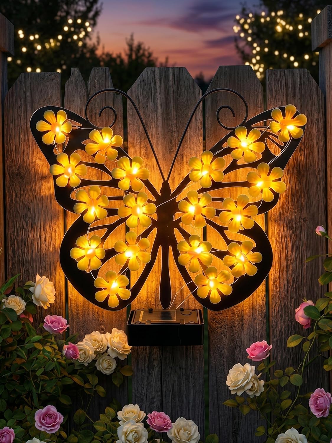 Solar Light Metal Outdoor Wall Art, Upgraded Metal Durable Solar Butterfly Lights Decor, Waterproof Animal Design Garden Wall Decorations with Soft LED Flower Lights for Garden Patio (Yellow-1Pc)