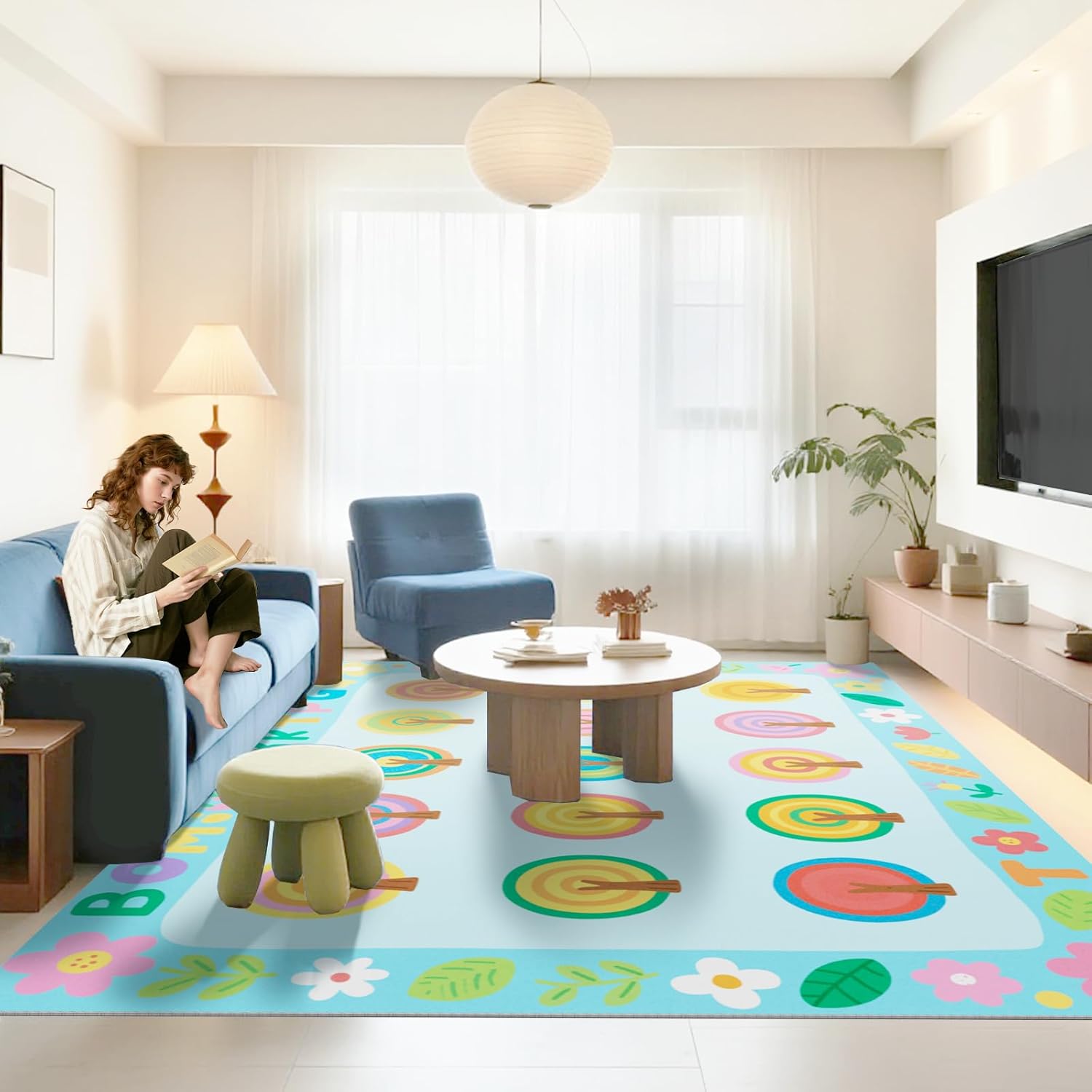 Large Classroom Carpet Rug, Educational Areas Rug Non-Slip Playmat Painted Small Tree Pattern, Washable Loop Pile Carpet for Playroom, Livingroom,Bedroom, Seats 30 7.6 x 13ft