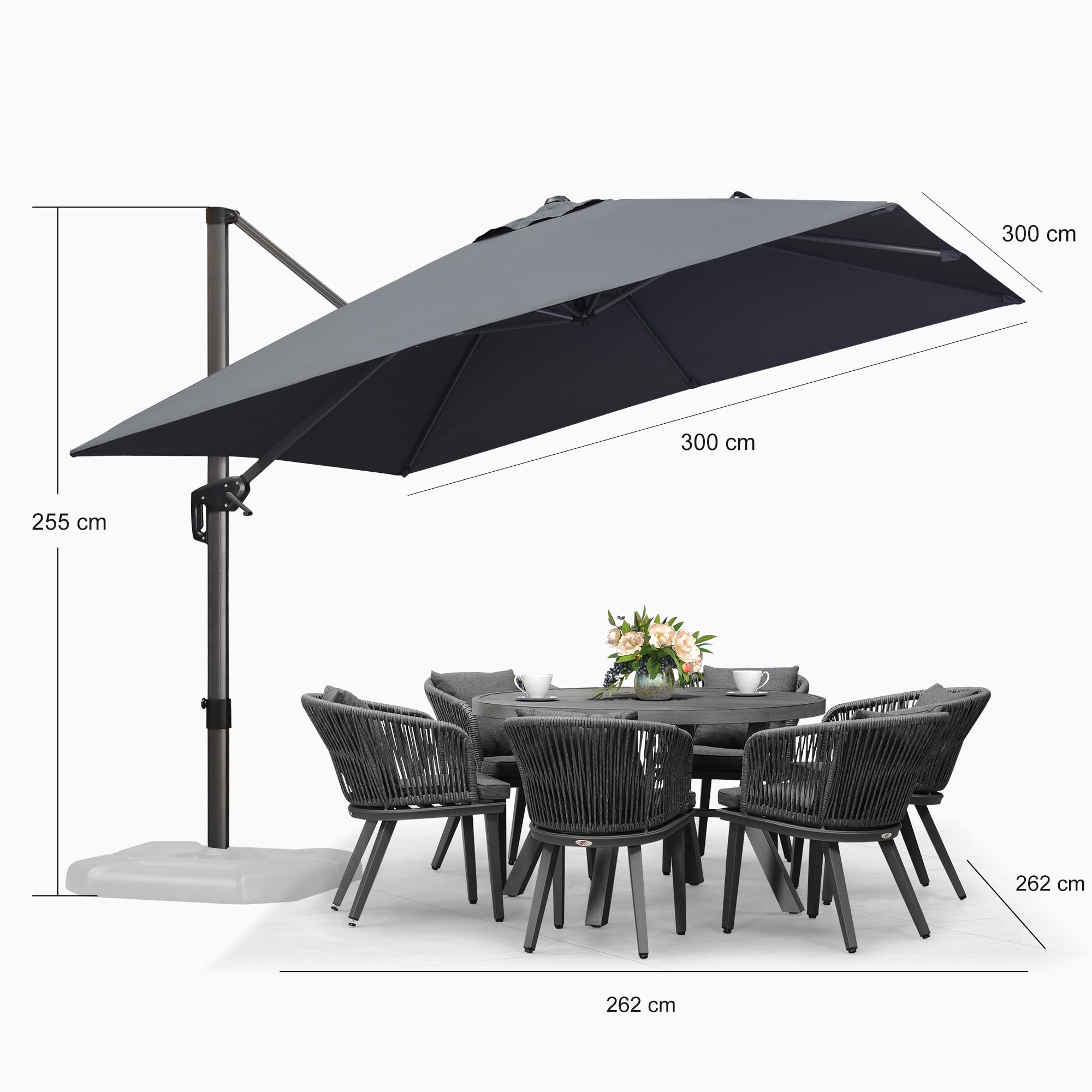 PURPLE LEAF Parasol Déporté 3 x 3 m Gris avec Pied de Croix Inclinable | Structure en aluminium, Stable et solide, Toile 240 g/m² UPF 50+, 5 niveaux d’inclinaison, Parasol de jardin extérieur