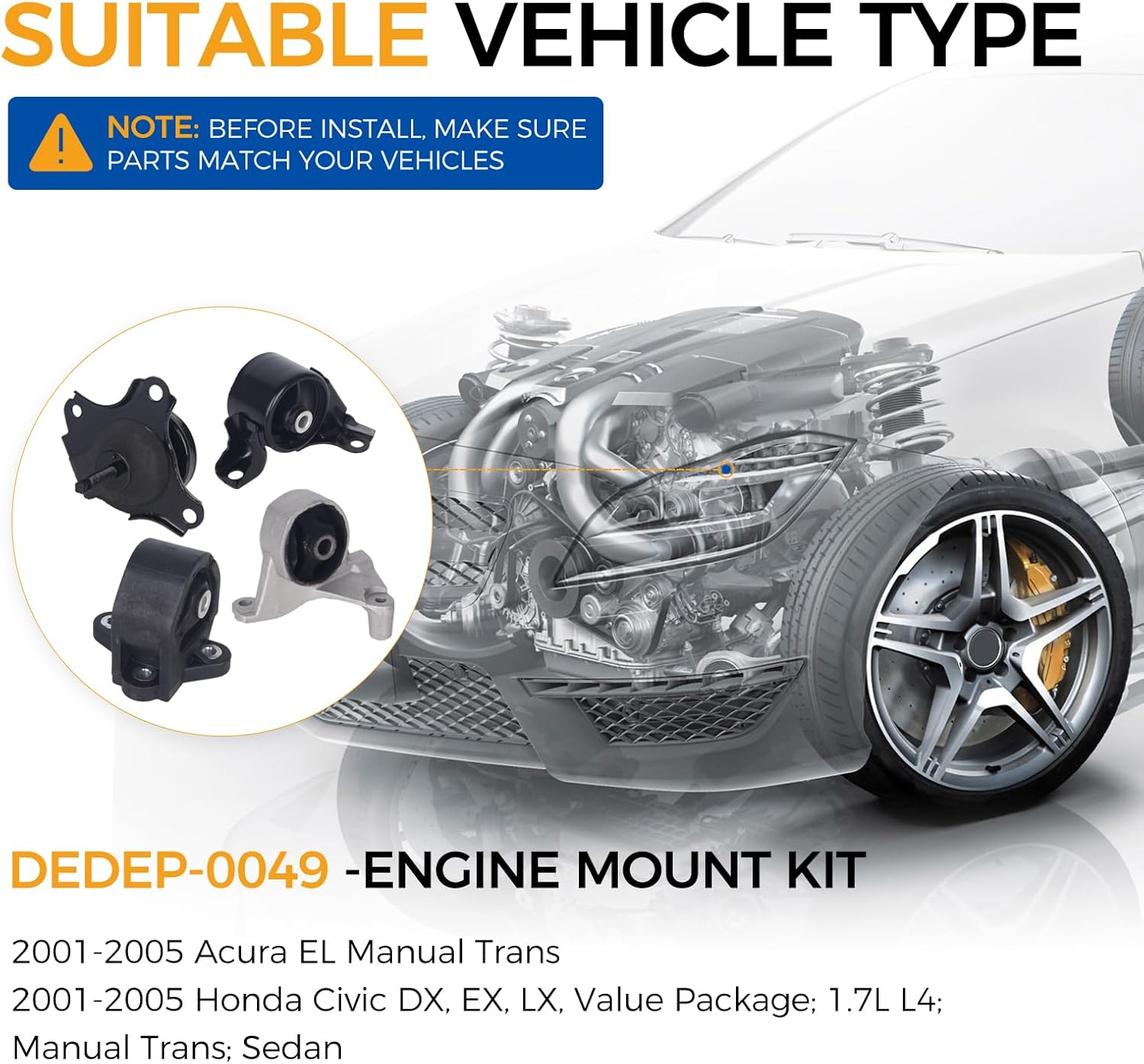 PAROD 4PCS Engine Mount Fit for Acura EL, Honda Civic 2001-2005 Replace#A6589 A6591 A6588 A4511