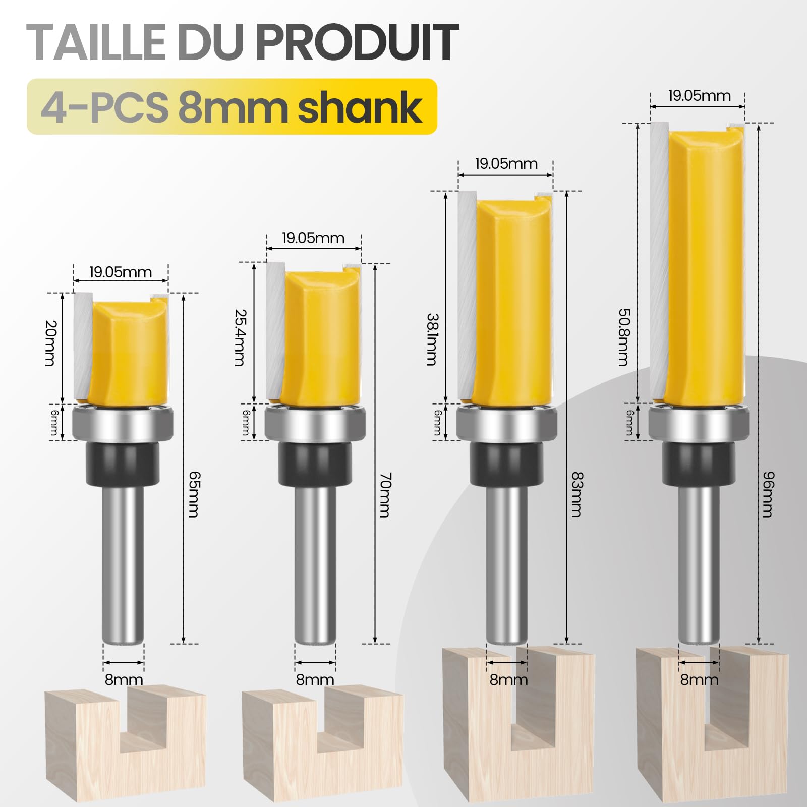 Lot de 4 fraises à copier pour défonceuse, tige de 8 mm, avec roulements à billes, lame en carbure de tungstène, maniable, pour le travail du bois, le bricolage à la maison