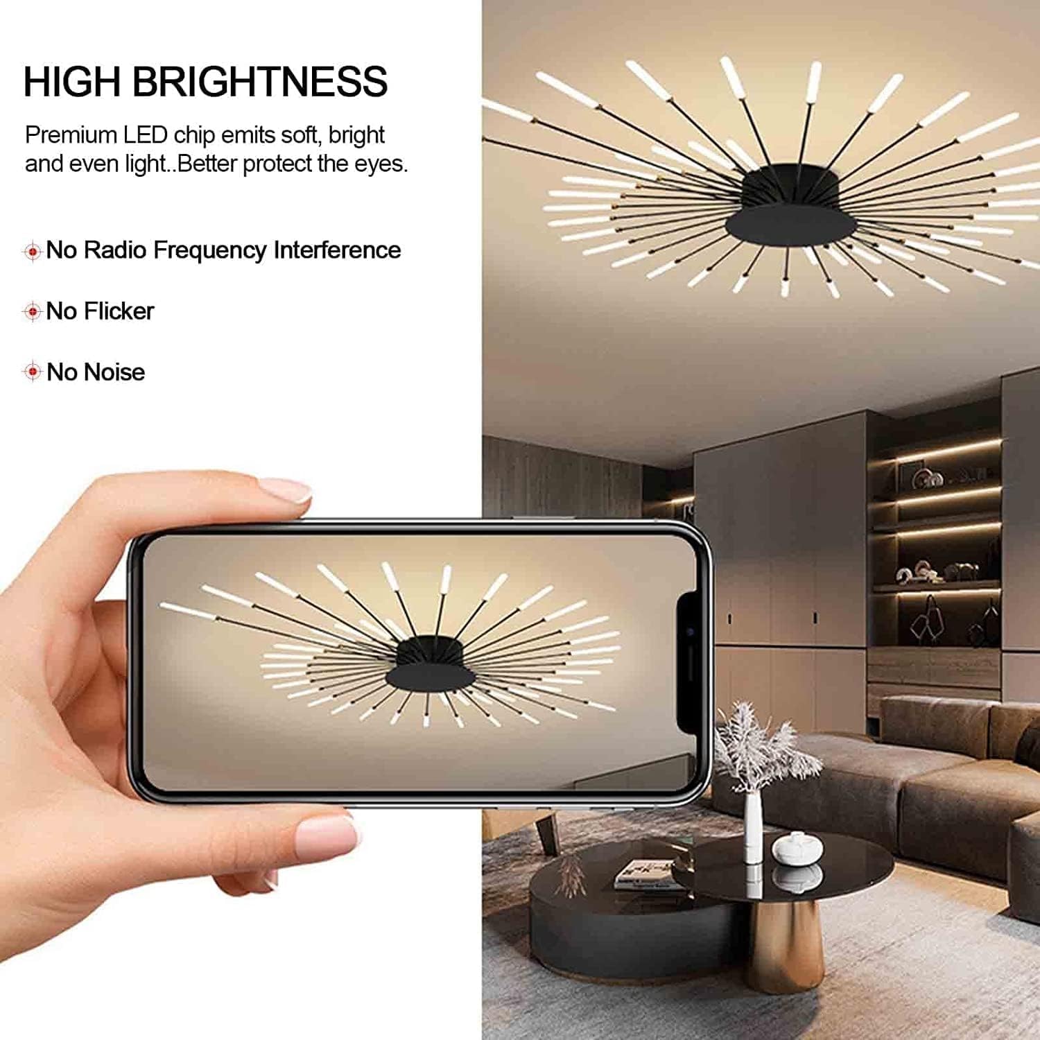 Creative Flower Shape Ceiling Lamp, Modern LED Fireworks Ceiling Light Semi-Flush Mount Chandelier Metal Acrylic Ceiling Lighting Fixture for Bedroom Living Dining Room(Black,42heads)