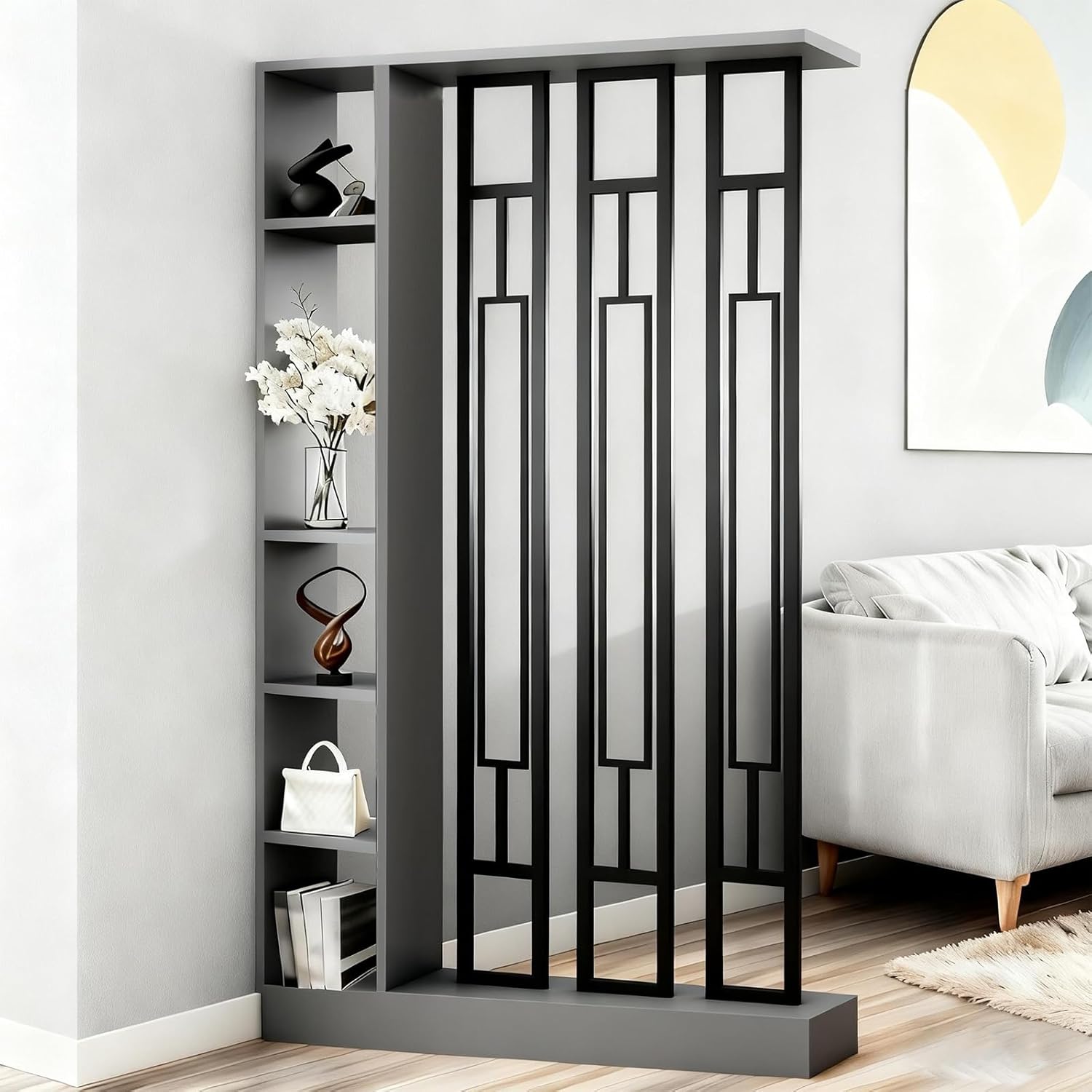 Room Divider with Shelves, Wall Room Divider with Storage Shelf, Easy to Assemble, Suitable for Home and Office Decoration (B Black + Gray, 47.2in)