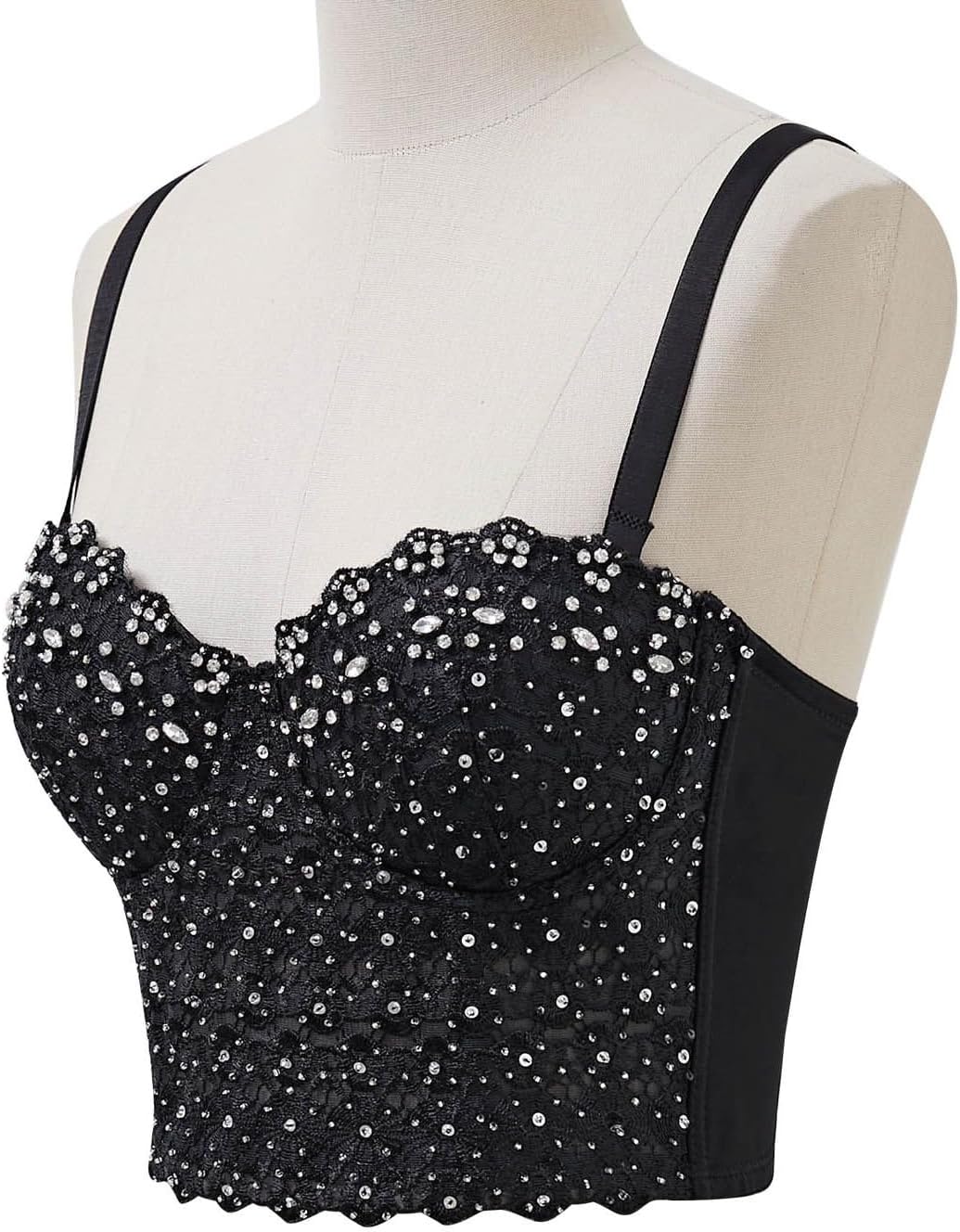 Women's Lace Rhinestone Bustier Crop Top Sexy Mesh Party Corset Top Bra