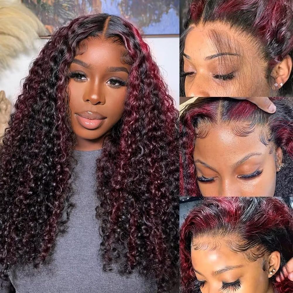 180% Density Rose Red Highlights Human Hair Wig Deep Wave For Black Woman HD Transparent 13X4 Lace Front Wig Human Hair Pre Plucked Bleached Knots Glueless Brazilian Hair Curly Wigs Ombre Color