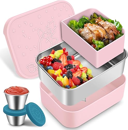 Winceed Caja Bento de acero inoxidable para niños, contenedor de almuerzo de metal de 28.7 onzas con silicona extraíble dividida, a prueba de fugas,