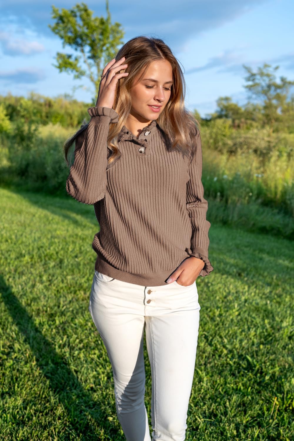 Arach&Cloz Womens Swaters 2024 Fall Fashion Outfits Long Sleeve Crewneck Knit Tops Ruffle Casual T-Shirts Cute Tees Blouses - Image 3