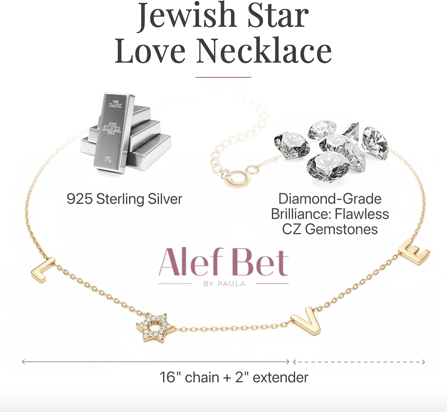 Alef Bet by Paula Love Letter Star Necklace with Jewish Star of David - Image 4