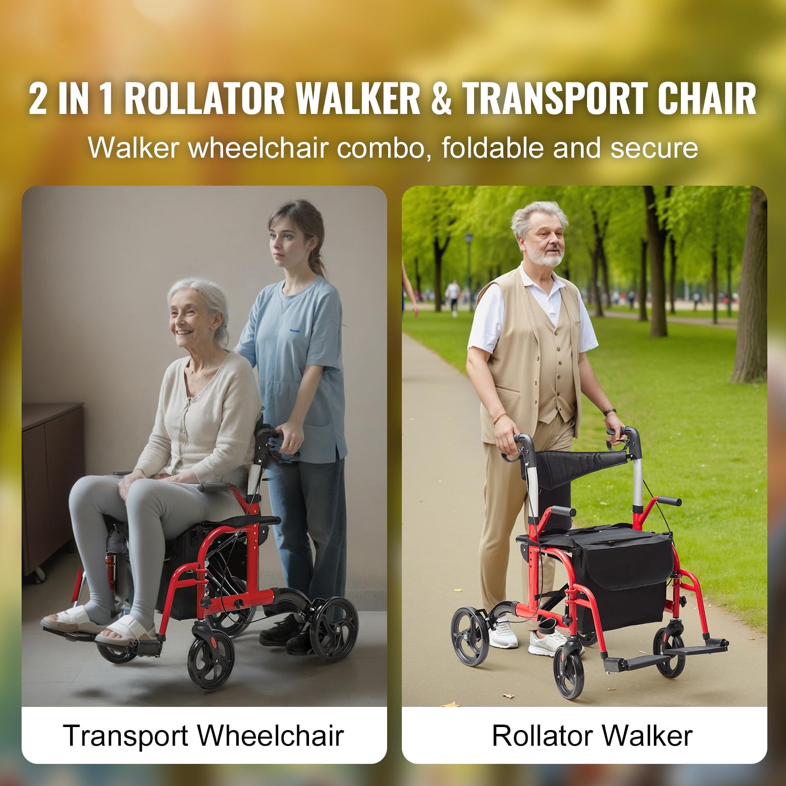 Happybuy 2-in-1 Rollator Walker & Transport Chair for Seniors, Folding Mobility Wheelchair Combo, Adjustable Handle, All-Terrain Wheels, 300lbs Weight Capacity, Lightweight Aluminum, Black