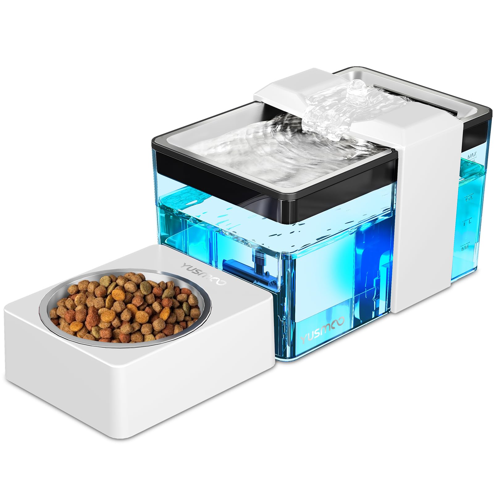 YUSMOO Automatic Cat Water Fountain with Food Bowl – 2.2L/74oz 2-in-1 Pet Water Dispenser & 304 Stainless Steel Bowl, Ultr...